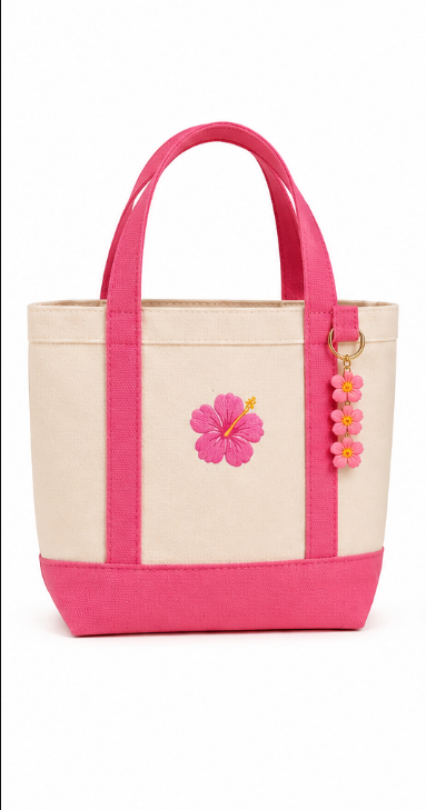 Mini Canvas Tote Bag - Pink Hibiscus Charm